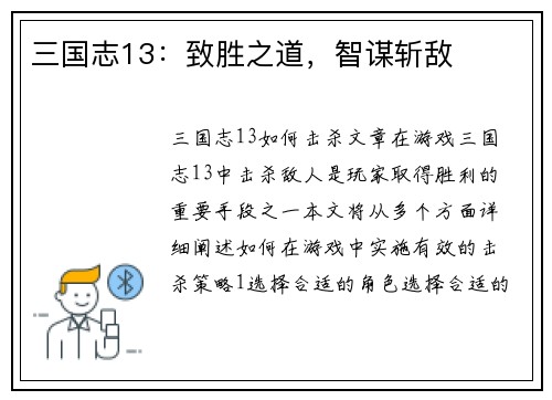 三国志13：致胜之道，智谋斩敌